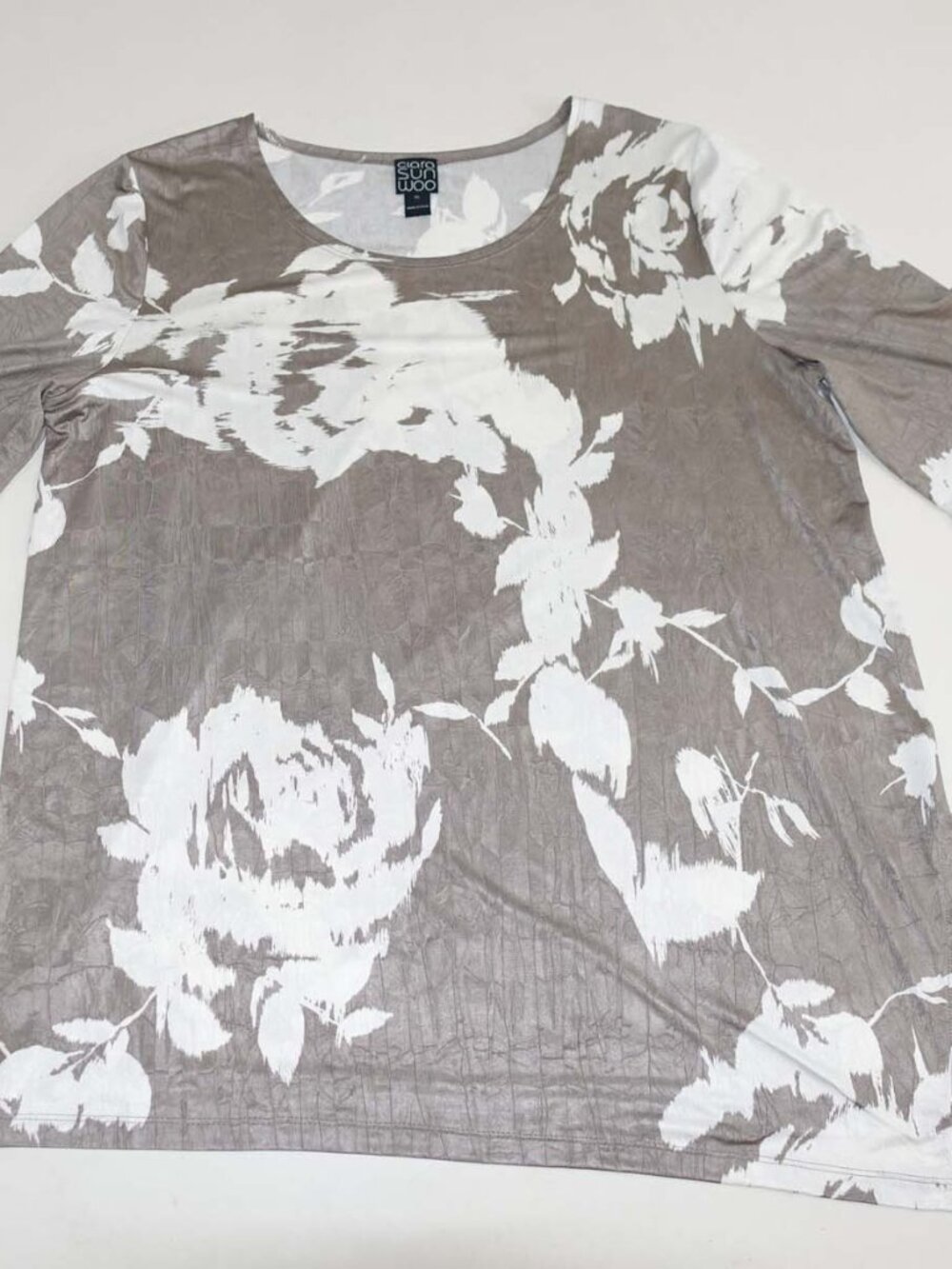 Clara Sun Woo Womens Blouse Size XL Gray White FLoral Print Tie Half Sleeves Top